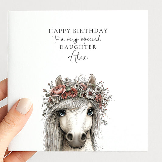 Daughter Birthday Card, Pony Birthday Card, Personalised Daughter Card, Floral Crown Horse Card, Cute Girls Birthday Card