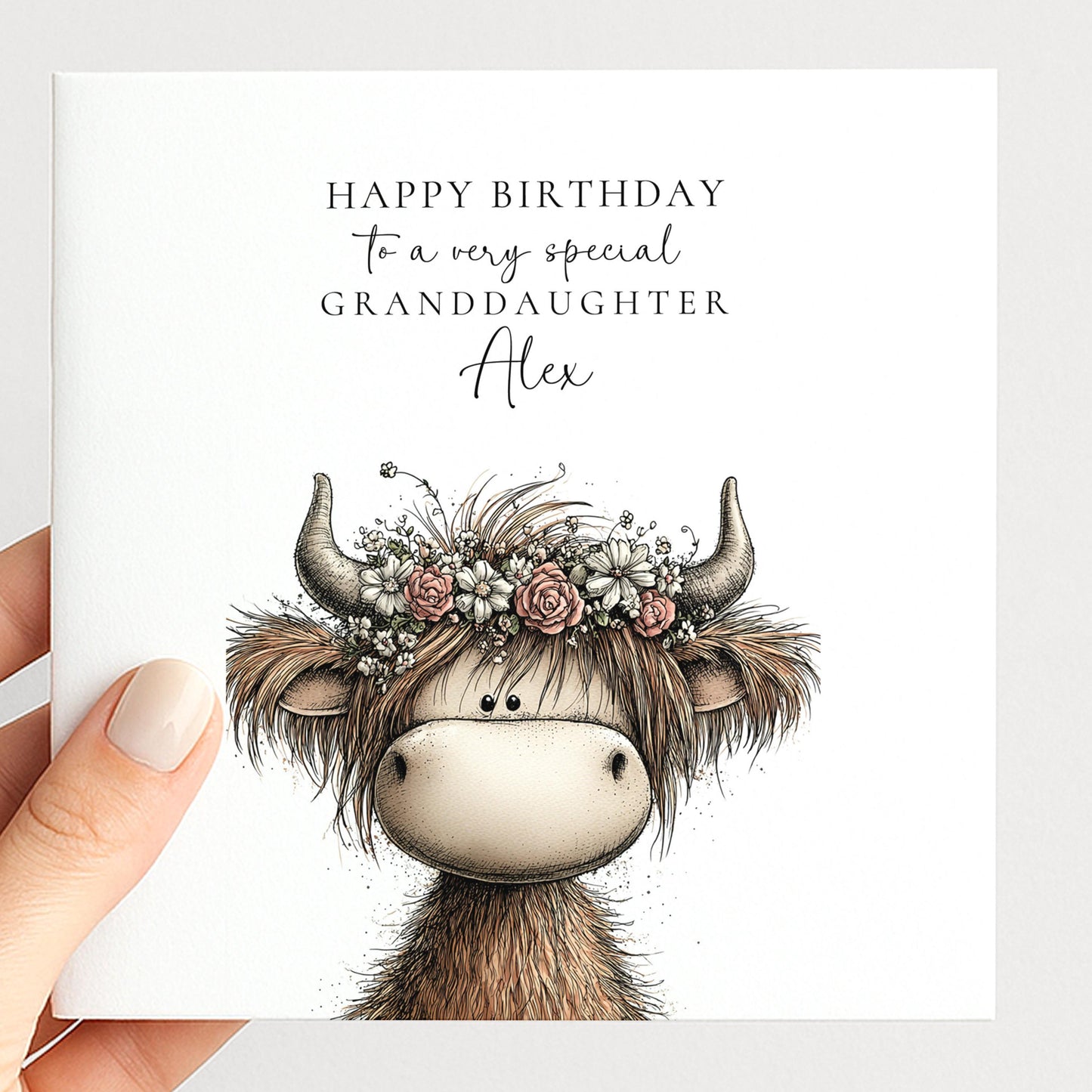 Granddaughter Birthday Card, Cute Highland Cow Card, Personalised Granddaughter Card, Floral Cow Card, Printed Children’s Birthday Card