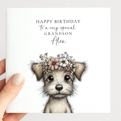Grandson Birthday Card, Cute Puppy Birthday Card, Personalised Grandson Card, Floral Crown Dog Card, Printed Children’s Birthday Card
