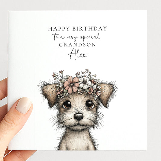Grandson Birthday Card, Cute Puppy Birthday Card, Personalised Grandson Card, Floral Crown Dog Card, Printed Children’s Birthday Card