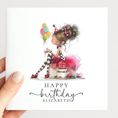 Personalised Girl Birthday Card, Cute Birthday Girl Illustration, Custom Name Card, Pink Birthday Card for Daughter, Granddaughter, Niece