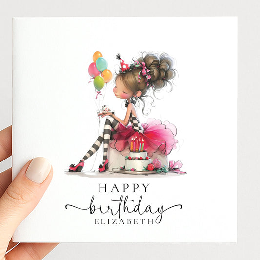 Personalised Girl Birthday Card, Cute Birthday Girl Illustration, Custom Name Card, Pink Birthday Card for Daughter, Granddaughter, Niece
