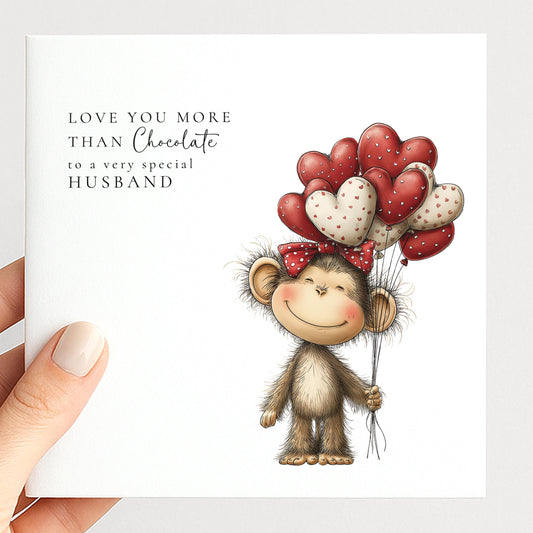 Husband Anniversary Card, Love You More Than Chocolate Card, Cute Monkey Love Card, Romantic Card for Husband