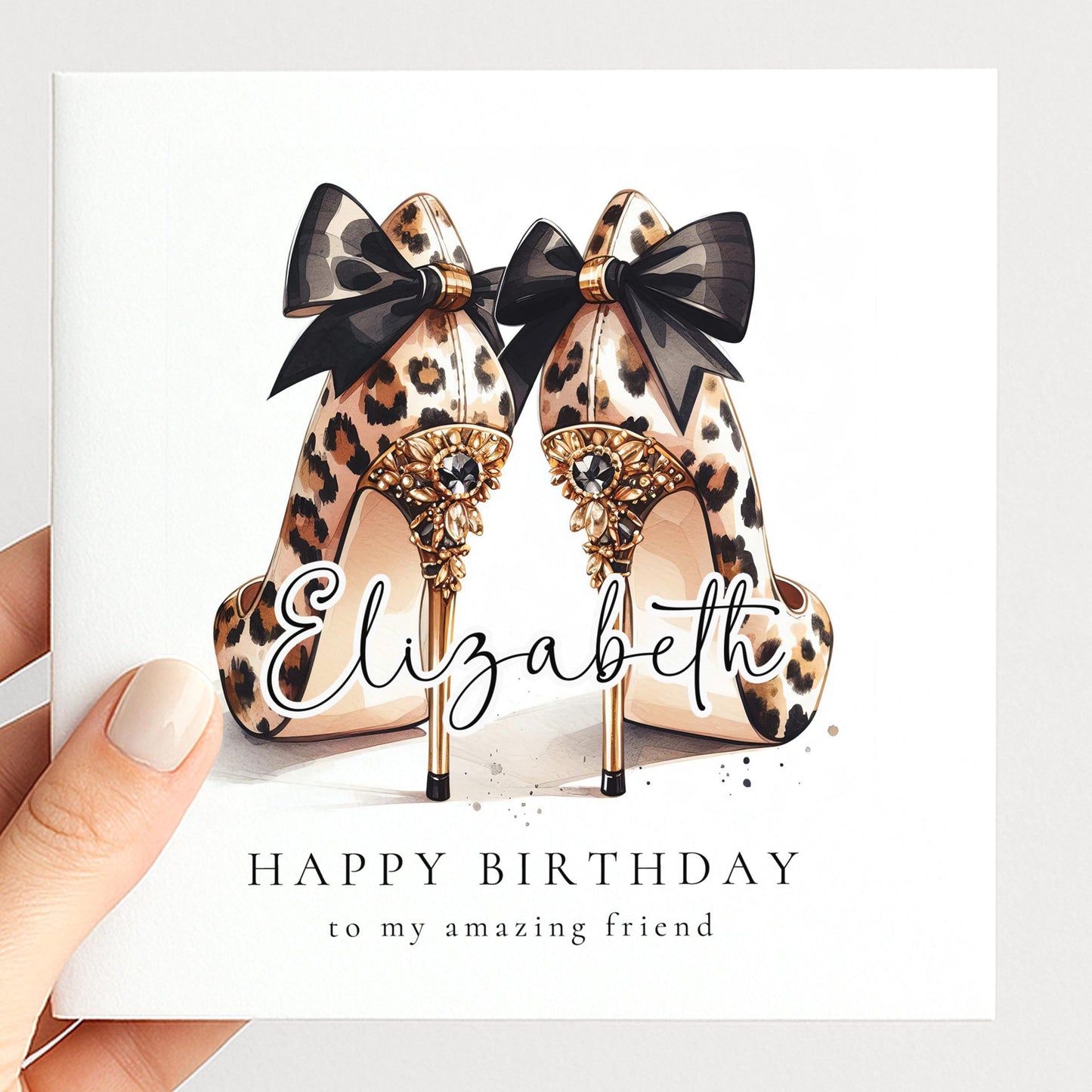 Leopard Print Birthday Card for Friend, Personalised Name Birthday Card, Chic High Heel Shoes Birthday Card