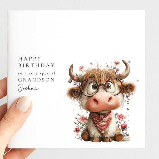 Grandson Birthday Card, Personalised Birthday Card for Grandson, Cute Highland Cow Birthday Card