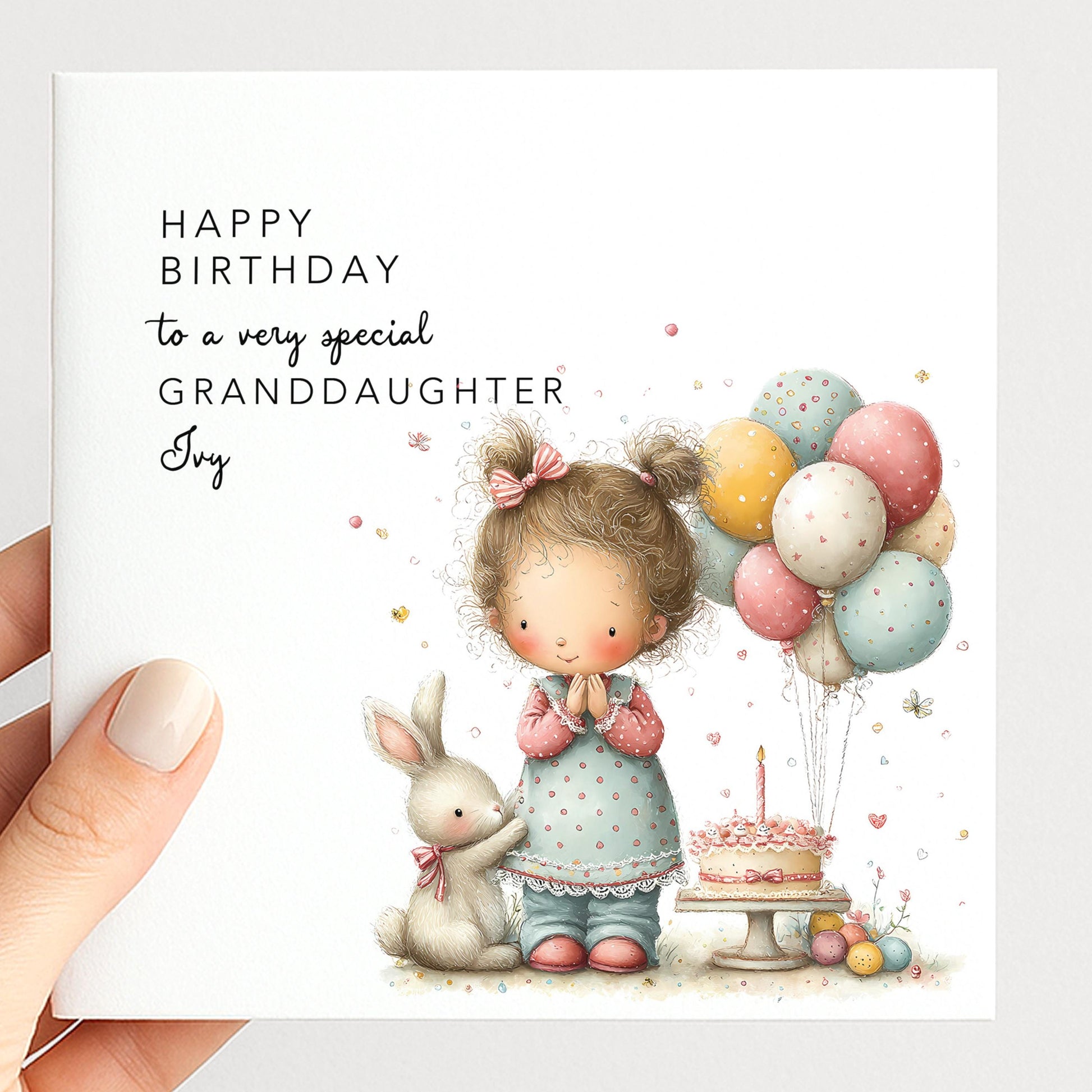 Granddaughter Birthday Card, Personalised Birthday Card for Granddaughter, Cute Girl & Balloons Design, Custom Name Birthday Greeting