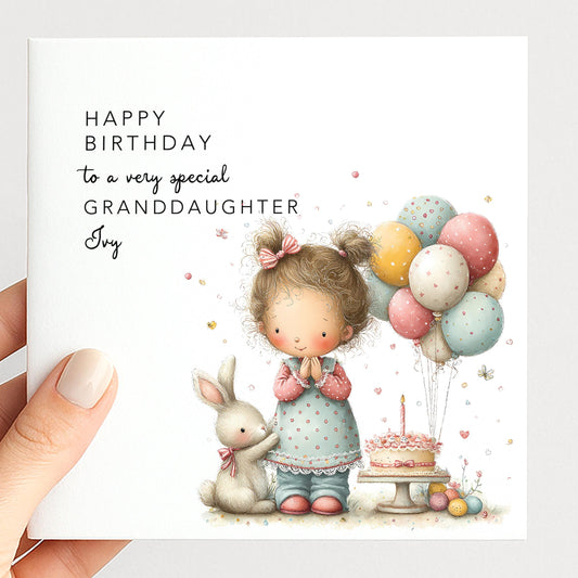Granddaughter Birthday Card, Personalised Birthday Card for Granddaughter, Cute Girl & Balloons Design, Custom Name Birthday Greeting