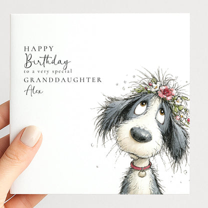 Granddaughter Birthday Card, Cute Dog Birthday Card, Personalised Granddaughter Card, Floral Dog Birthday Card, Printed Birthday Card