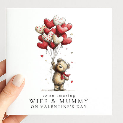 Valentines Wife Mummy Card, Cute Bear Valentine’s Day Card for Wife and Mum, Heart Balloon Personalised Valentine Card