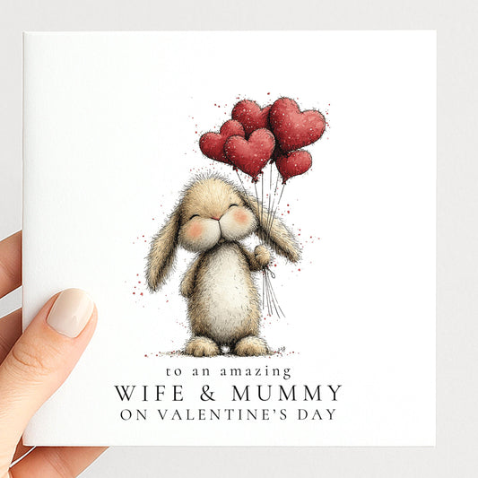 Valentines Wife Mummy Card, Cute Bunny Valentine’s Day Card for Wife and Mum, Heart Balloon Personalised Valentine Card
