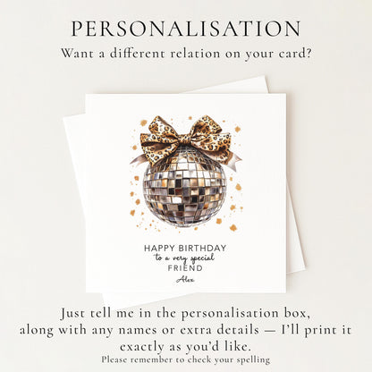 Birthday Card for Friend, Disco Ball Birthday Card, Leopard Print Bow Card, Fun Birthday Card for Her, Special Friend Card