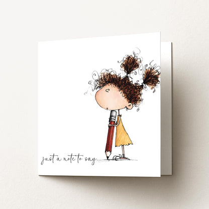 Just a Note Card, Thinking of You Card, Cute Girl Illustration Card, Friendship Card, Sending a Little Note Card