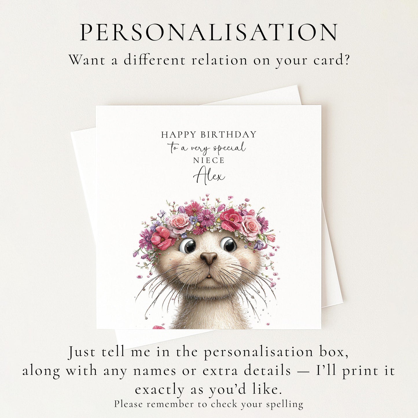 Birthday Card for Niece, Cute Otter Birthday Card, Floral Animal Birthday Card, Personalised Niece Card