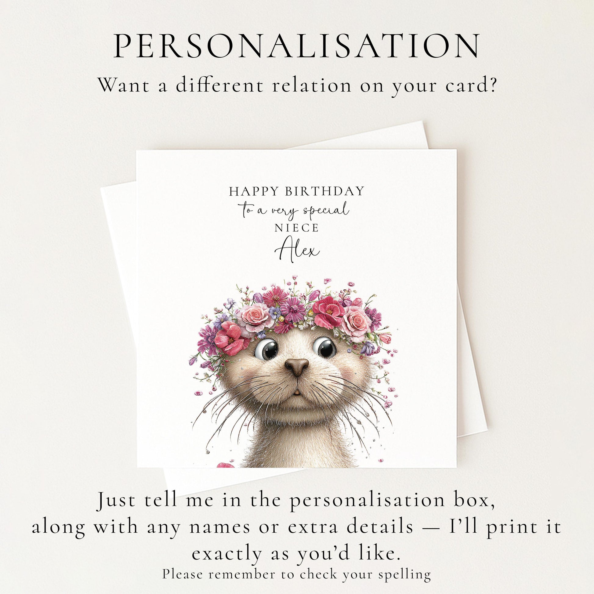 Birthday Card for Niece, Cute Otter Birthday Card, Floral Animal Birthday Card, Personalised Niece Card