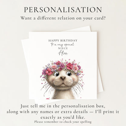 Birthday Card for Niece, Cute Otter Birthday Card, Floral Animal Birthday Card, Personalised Niece Card