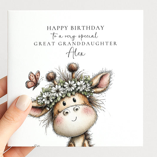 Birthday Card for Great Granddaughter, Cute Giraffe Birthday Card, Floral Animal Birthday Card, Personalised Great Granddaughter Card