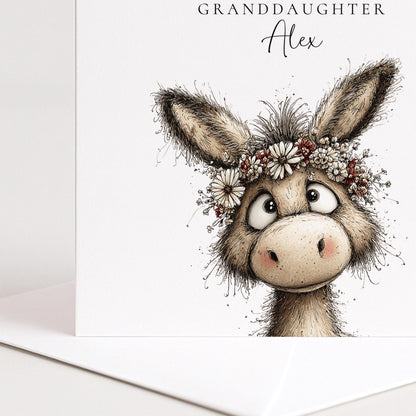 Birthday Card for Granddaughter, Cute Donkey Birthday Card, Floral Animal Birthday Card, Personalised Granddaughter Card