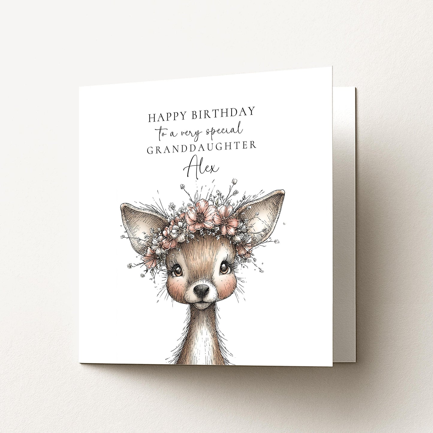 Birthday Card for Granddaughter, Cute Deer Birthday Card, Floral Animal Birthday Card, Personalised Granddaughter Card