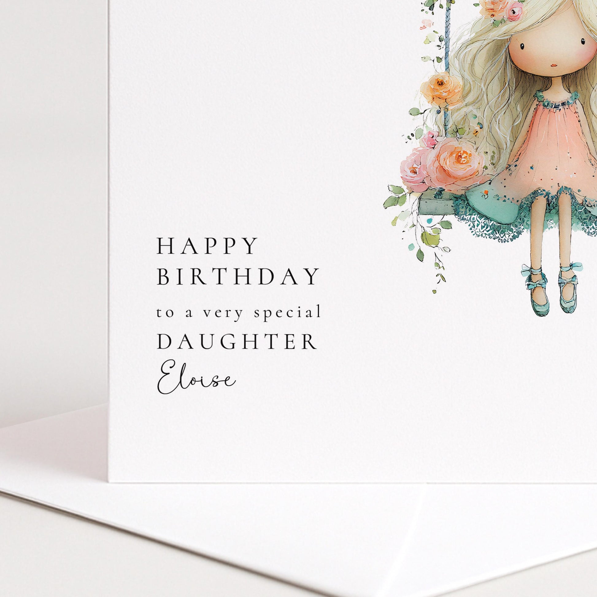 Birthday Card for Daughter, Cute Girl Birthday Card, Floral Swing Birthday Card, Personalised Daughter Birthday Card