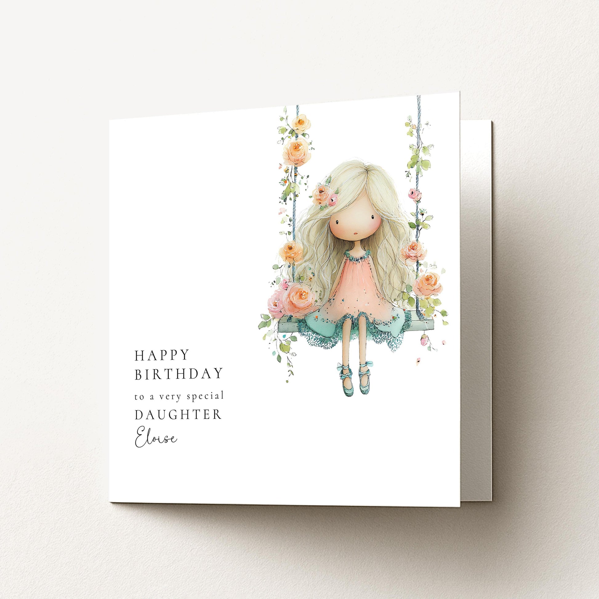 Birthday Card for Daughter, Cute Girl Birthday Card, Floral Swing Birthday Card, Personalised Daughter Birthday Card