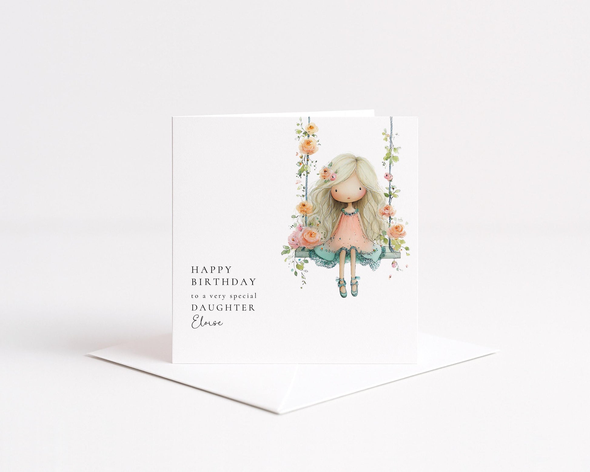 Birthday Card for Daughter, Cute Girl Birthday Card, Floral Swing Birthday Card, Personalised Daughter Birthday Card