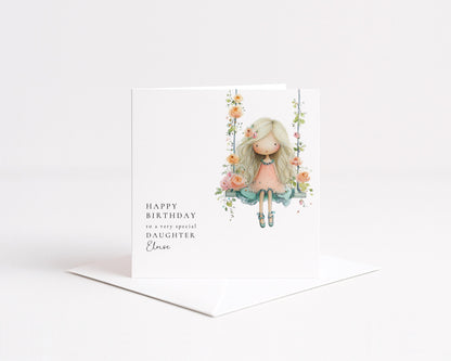 Birthday Card for Daughter, Cute Girl Birthday Card, Floral Swing Birthday Card, Personalised Daughter Birthday Card