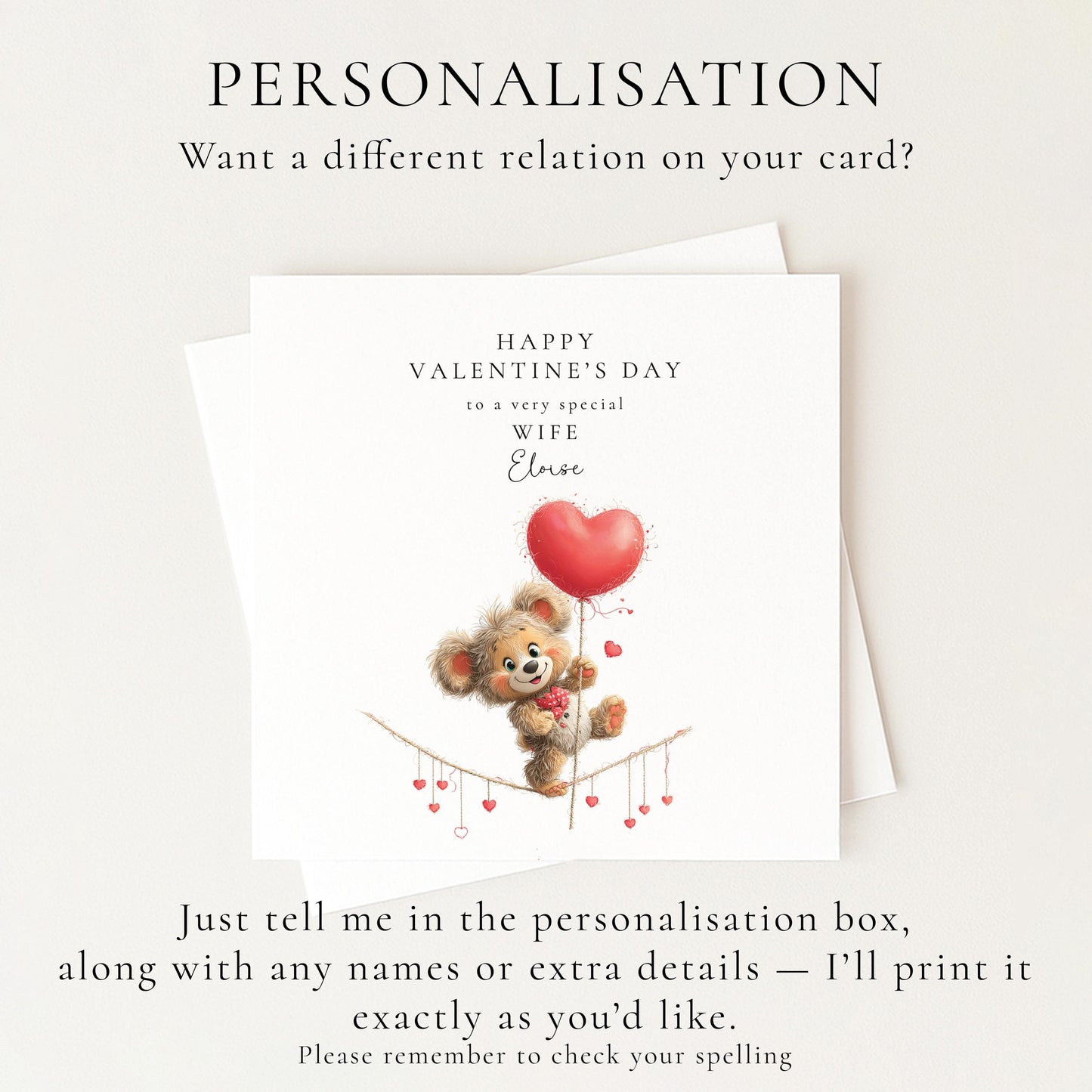 Valentine’s Day Card for Wife, Cute Bear Valentine Card, Romantic Valentine Card, Personalised Valentine Card for Her
