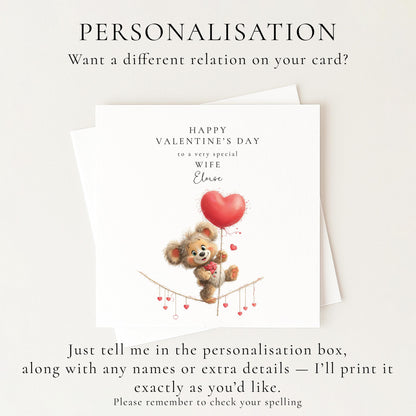 Valentine’s Day Card for Wife, Cute Bear Valentine Card, Romantic Valentine Card, Personalised Valentine Card for Her