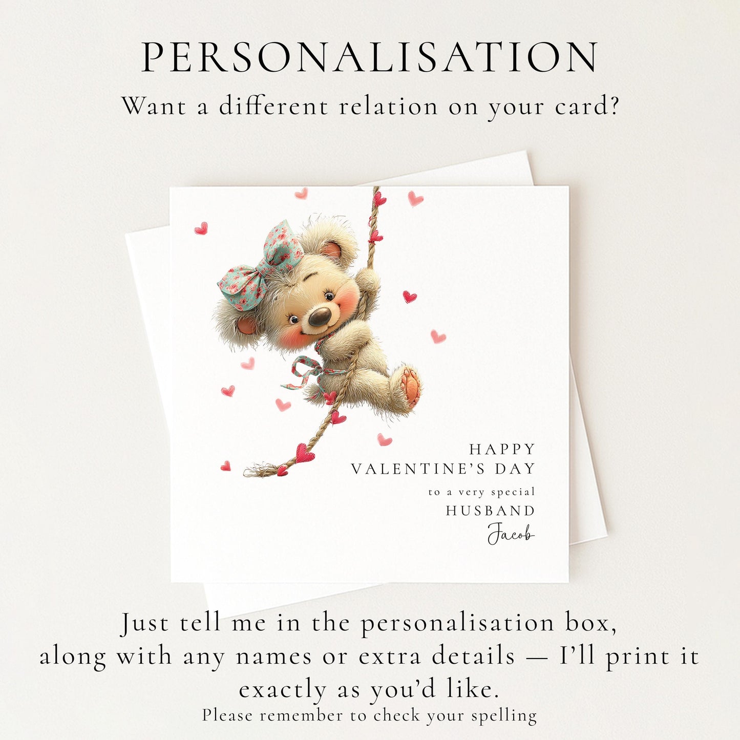 Valentine’s Day Card for Husband, Cute Teddy Bear Valentine Card, Romantic Valentine Card, Personalised Valentine Card for Him