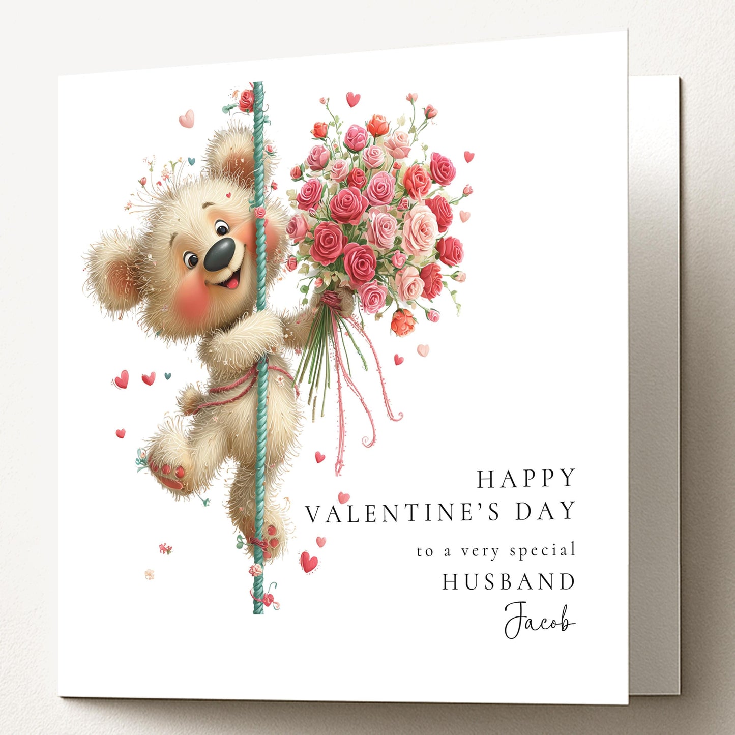 Valentine’s Day Card for Husband, Cute Teddy Bear Valentine Card with Flowers, Romantic Personalised Valentine Card for Him