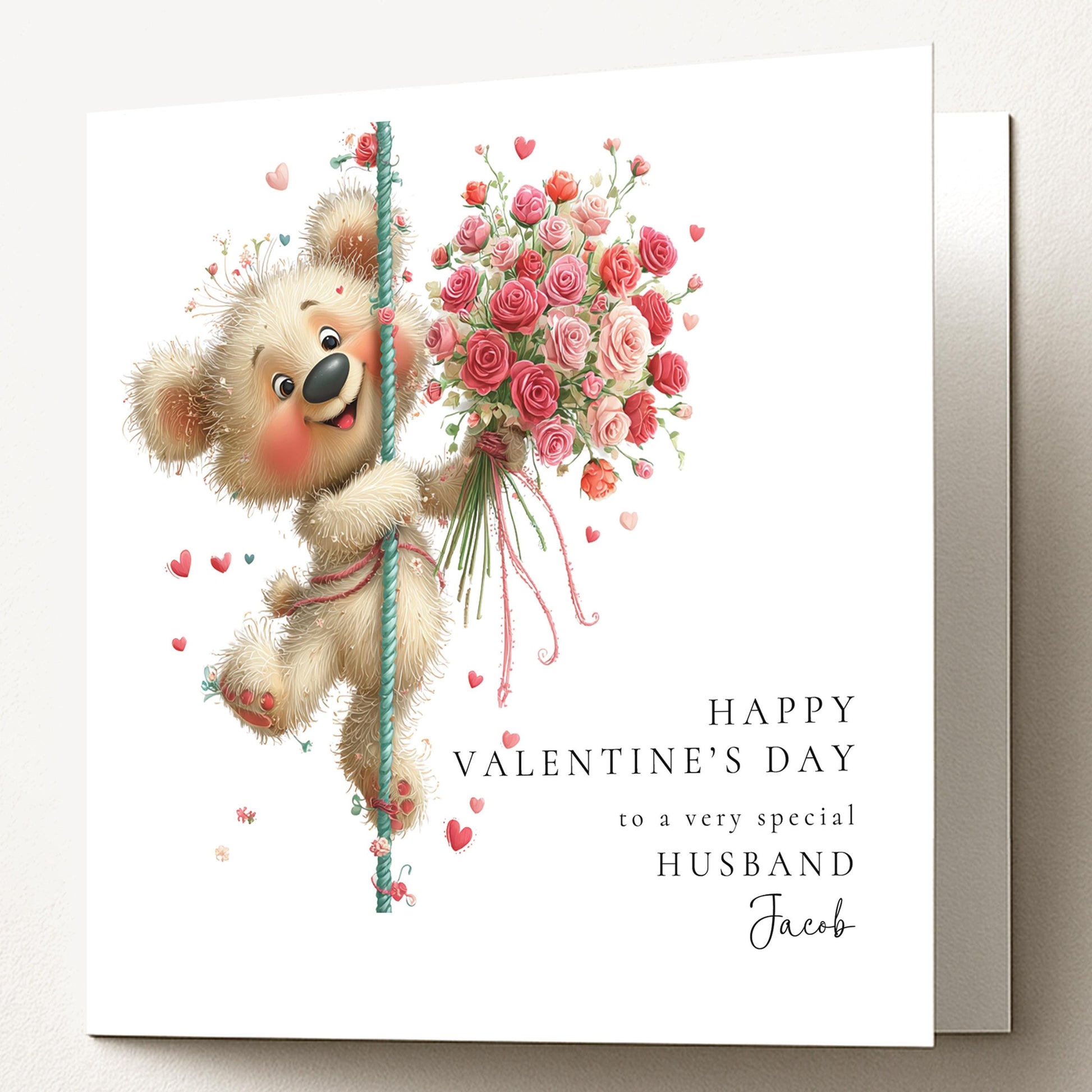 Valentine’s Day Card for Husband, Cute Teddy Bear Valentine Card with Flowers, Romantic Personalised Valentine Card for Him
