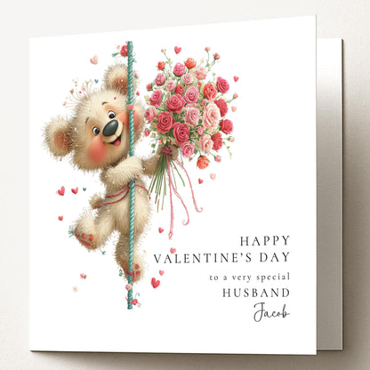 Valentine’s Day Card for Husband, Cute Teddy Bear Valentine Card with Flowers, Romantic Personalised Valentine Card for Him