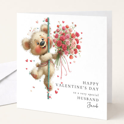 Valentine’s Day Card for Husband, Cute Teddy Bear Valentine Card with Flowers, Romantic Personalised Valentine Card for Him