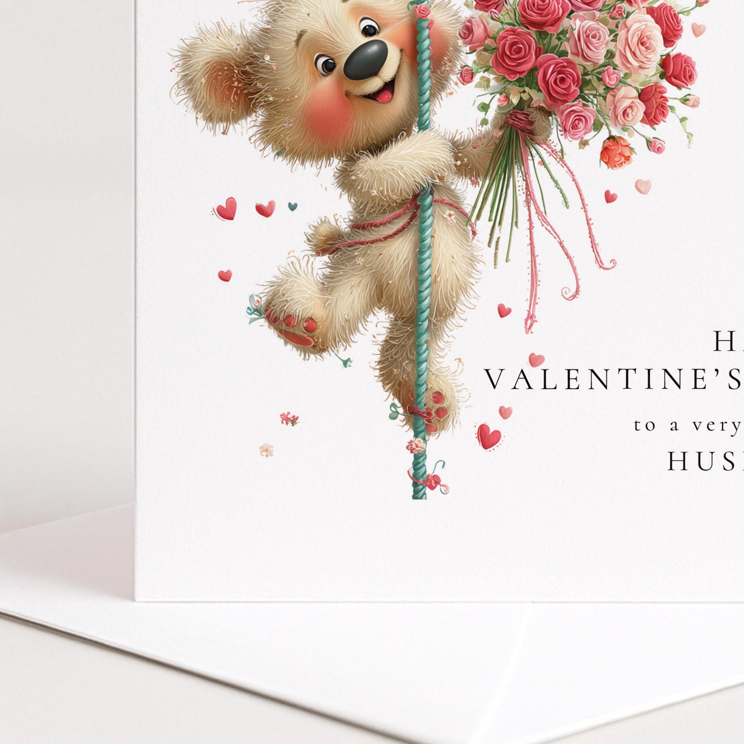 Valentine’s Day Card for Husband, Cute Teddy Bear Valentine Card with Flowers, Romantic Personalised Valentine Card for Him