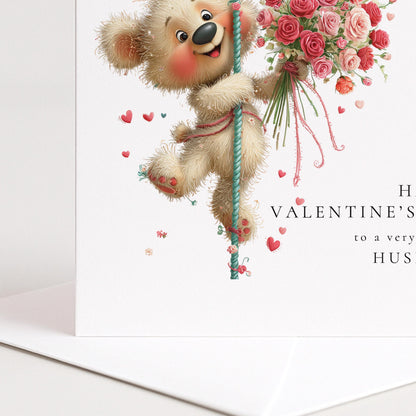 Valentine’s Day Card for Husband, Cute Teddy Bear Valentine Card with Flowers, Romantic Personalised Valentine Card for Him