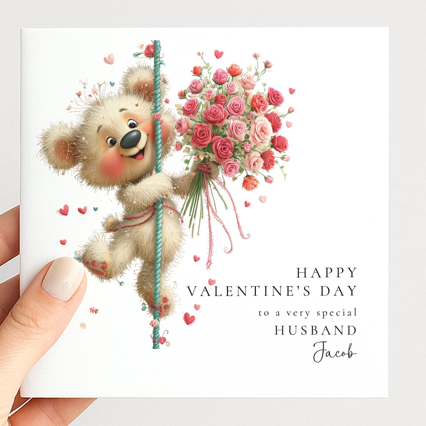 Valentine’s Day Card for Husband, Cute Teddy Bear Valentine Card with Flowers, Romantic Personalised Valentine Card for Him