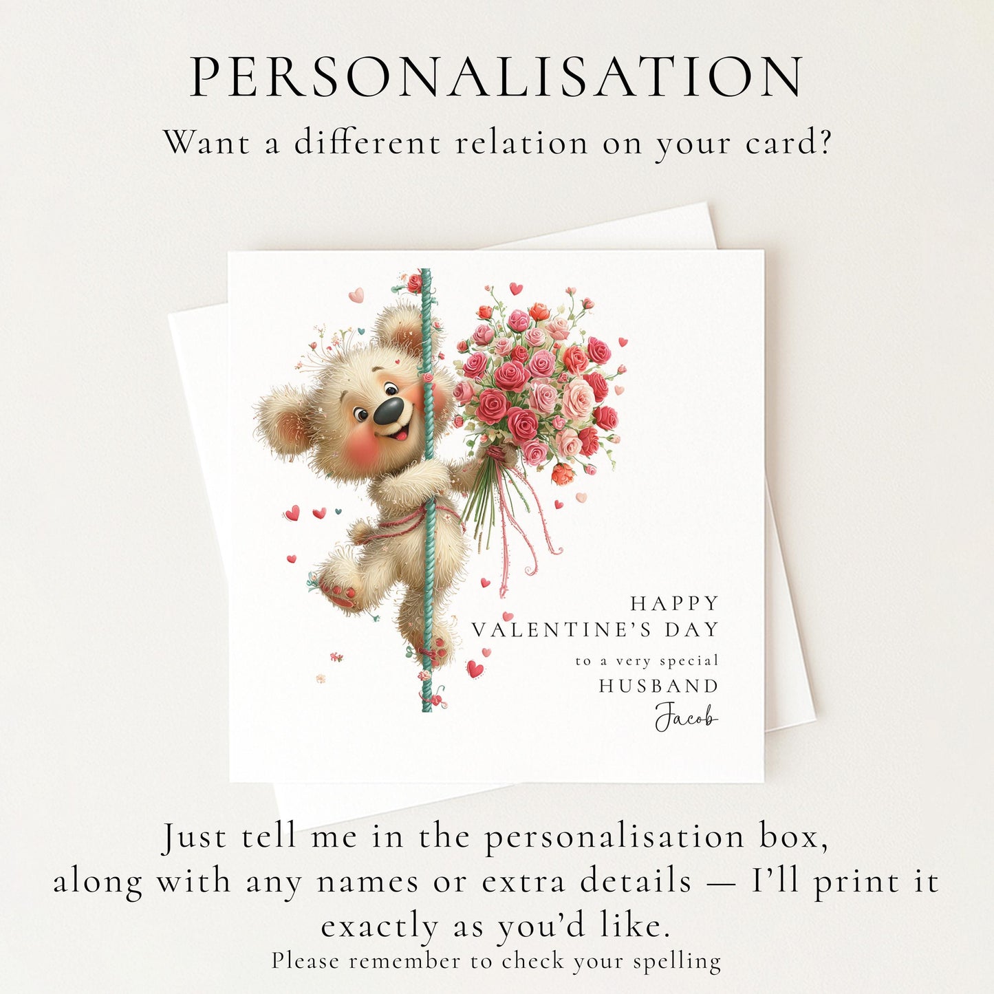 Valentine’s Day Card for Husband, Cute Teddy Bear Valentine Card with Flowers, Romantic Personalised Valentine Card for Him