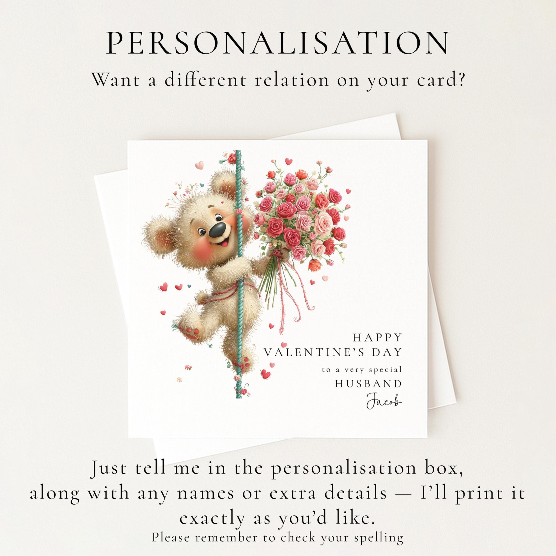 Valentine’s Day Card for Husband, Cute Teddy Bear Valentine Card with Flowers, Romantic Personalised Valentine Card for Him