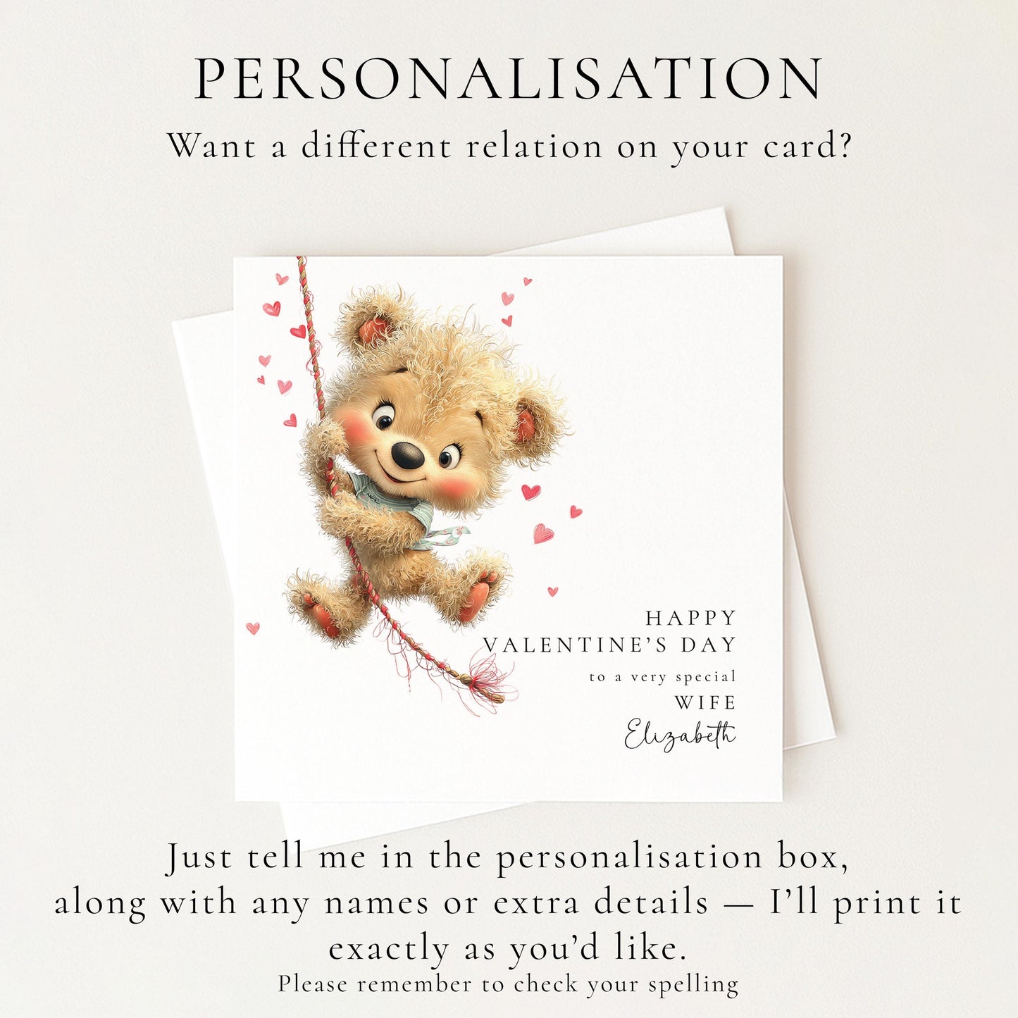 Valentine’s Day Card for Wife, Cute Teddy Bear Valentine Card, Romantic Personalised Valentine Card for Her