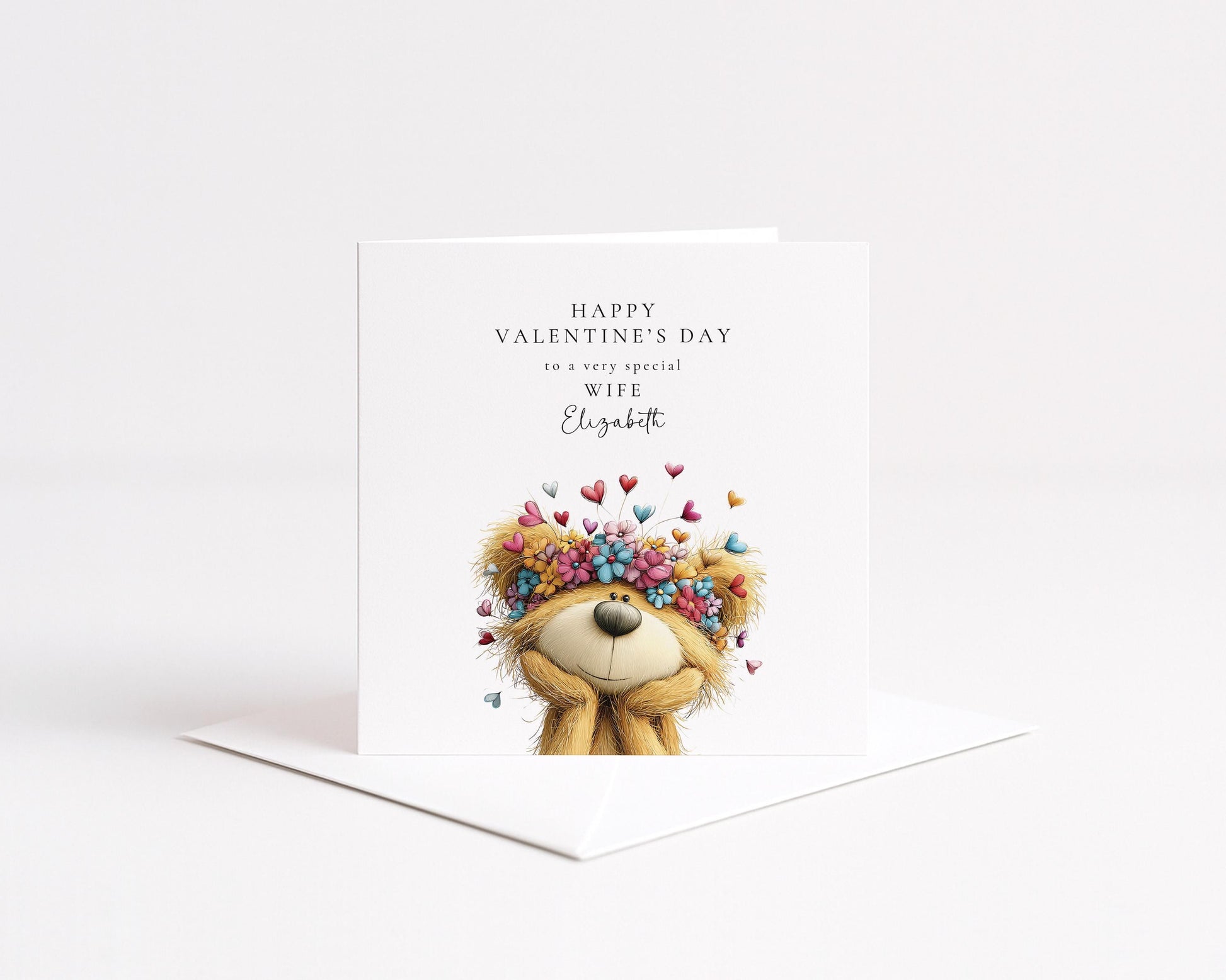 Valentine’s Day Card for Wife, Floral Teddy Bear Valentine Card, Romantic Personalised Valentine Card for Her