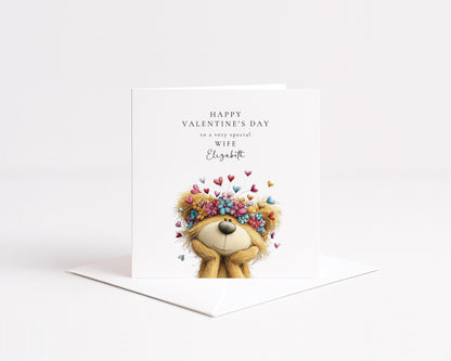 Valentine’s Day Card for Wife, Floral Teddy Bear Valentine Card, Romantic Personalised Valentine Card for Her