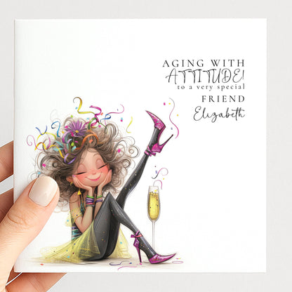 Funny Birthday Card for Friend, Aging With Attitude Card, Sassy Birthday Card for Her, Optional Name Personalisation
