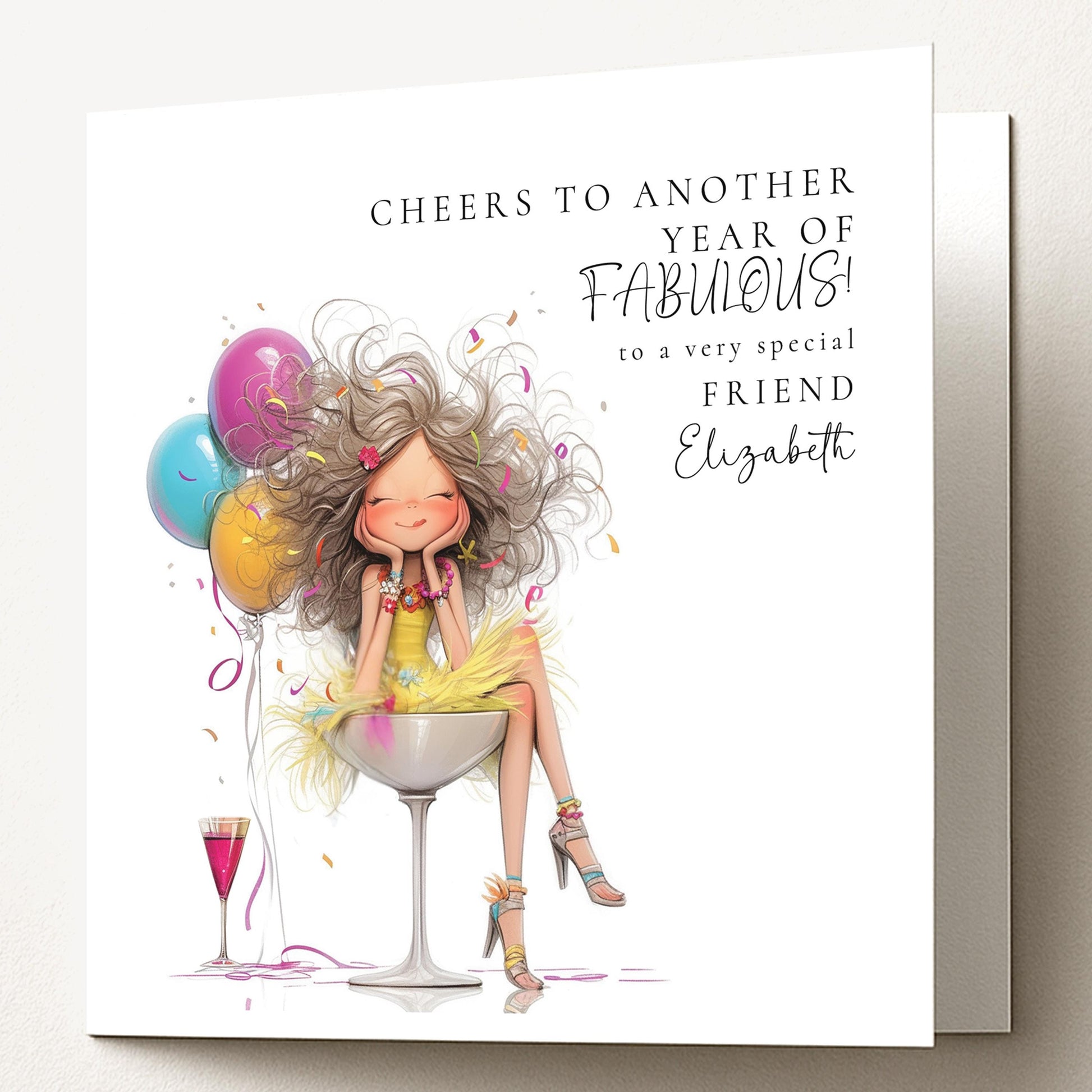 Funny Birthday Card for Friend, Cheers to Another Year of Fabulous Card, Colourful Birthday Card for Her, Optional Name Personalisation