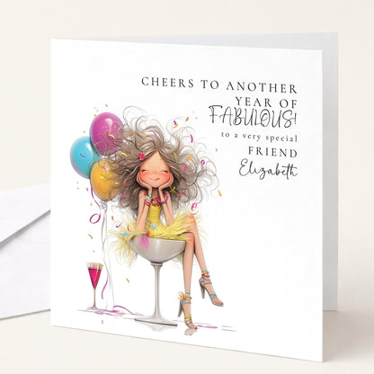 Funny Birthday Card for Friend, Cheers to Another Year of Fabulous Card, Colourful Birthday Card for Her, Optional Name Personalisation