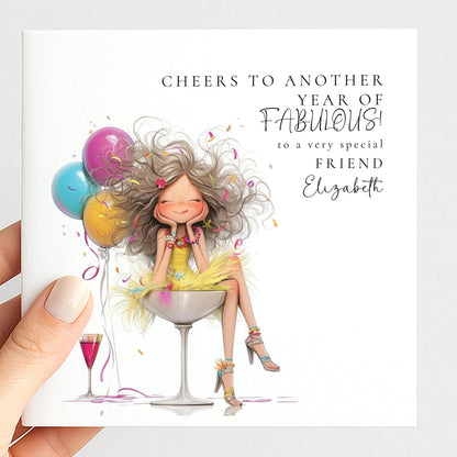 Funny Birthday Card for Friend, Cheers to Another Year of Fabulous Card, Colourful Birthday Card for Her, Optional Name Personalisation