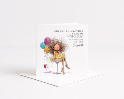 Funny Birthday Card for Friend, Cheers to Another Year of Fabulous Card, Colourful Birthday Card for Her, Optional Name Personalisation