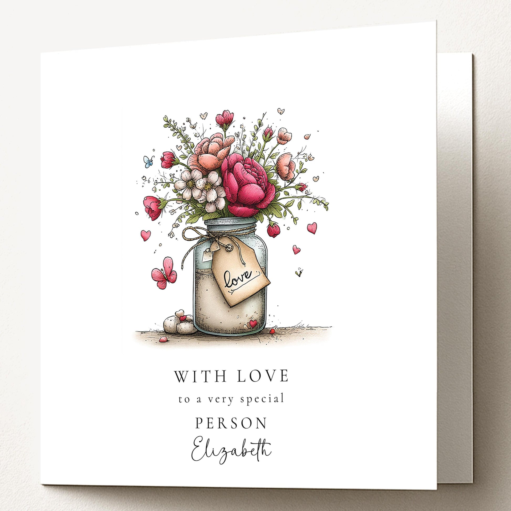 With Love Card, Floral Jar Greeting Card for a Special Person, Thinking of You Card, Personalised Name Card