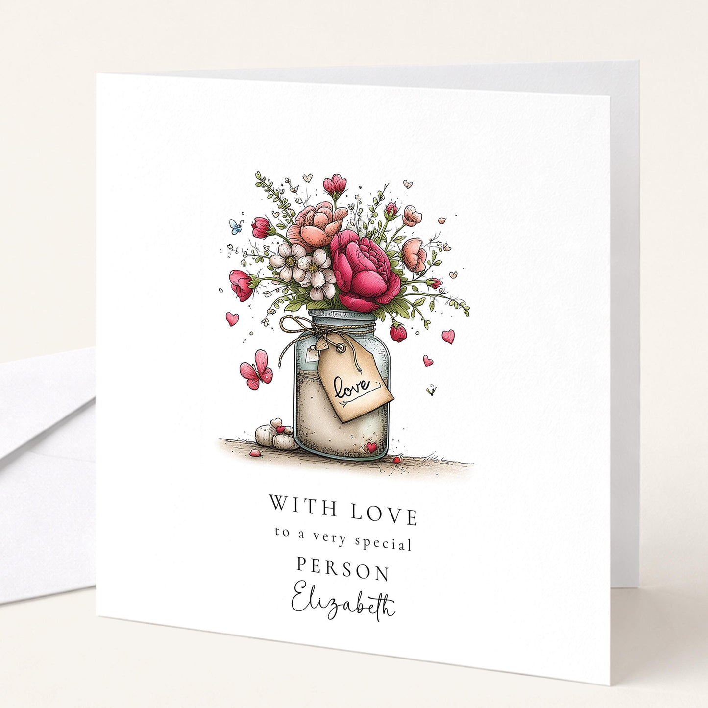 With Love Card, Floral Jar Greeting Card for a Special Person, Thinking of You Card, Personalised Name Card