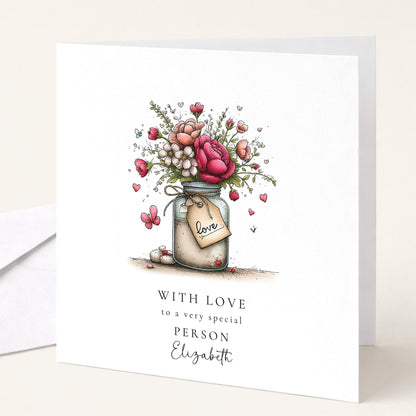 With Love Card, Floral Jar Greeting Card for a Special Person, Thinking of You Card, Personalised Name Card