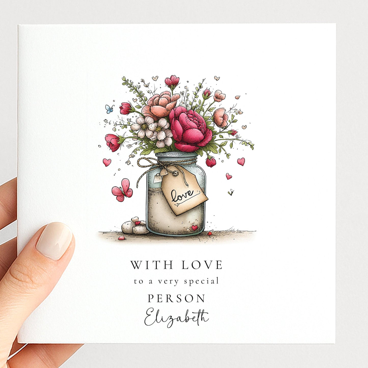 With Love Card, Floral Jar Greeting Card for a Special Person, Thinking of You Card, Personalised Name Card